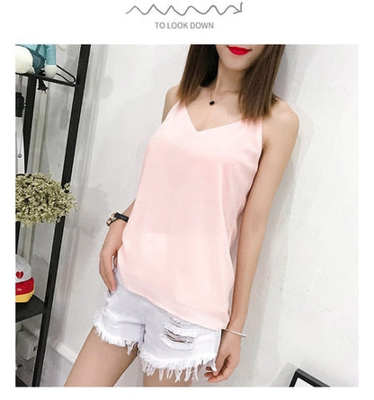 jinran Summer Korean Fashion Chiffon Women Camis Streetwear Sleeveless Black Female Tank Tops Slim Pink Shirt Spaghetti Strap Tank Top