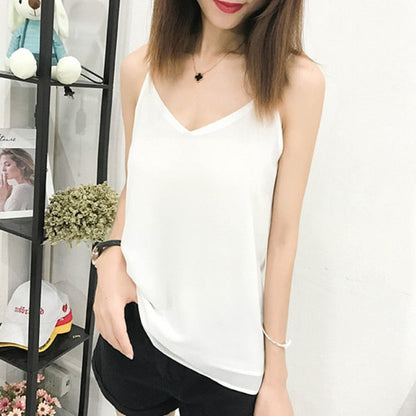 jinran Summer Korean Fashion Chiffon Women Camis Streetwear Sleeveless Black Female Tank Tops Slim Pink Shirt Spaghetti Strap Tank Top