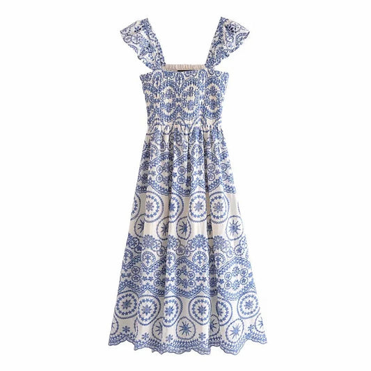 jinran Women 2024 summer new dress temperament was thin and chic ruffled long hollow embroidery strap dresses vintage vestidos