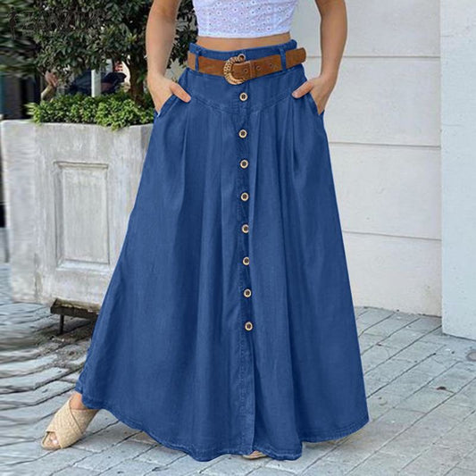 jinran Women&#39;s Spring Sundress 2022 ZANZEA Stylish Button Maxi Skirts Casual High Waist Long Vestidos Female Solid Robe Femme