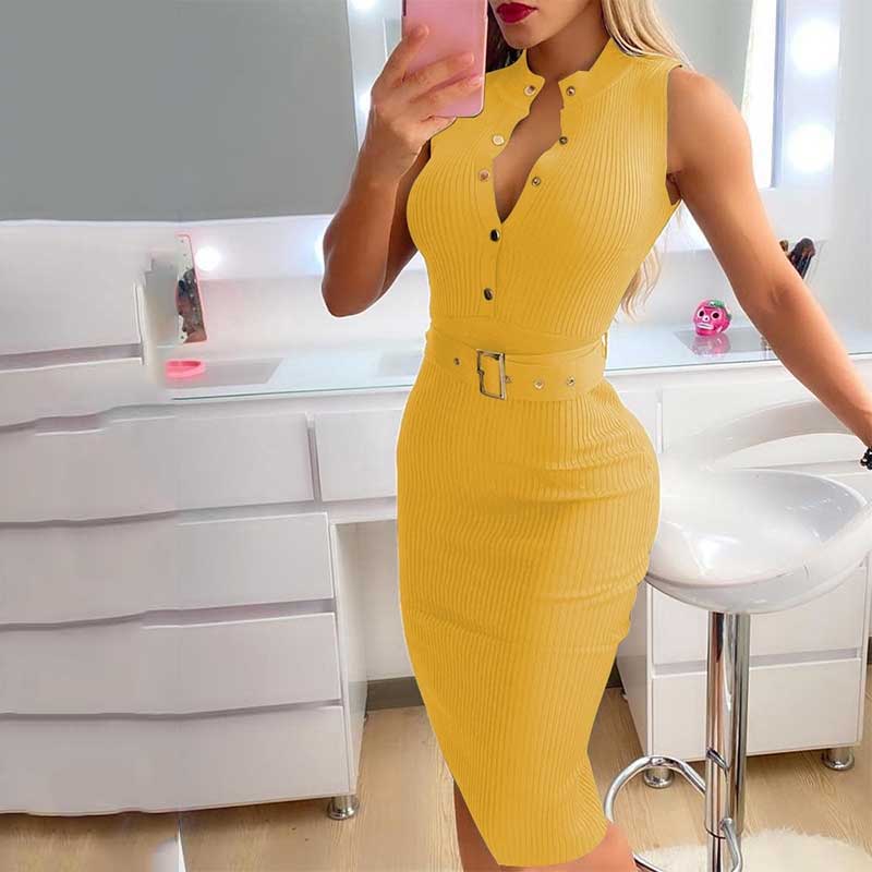 jinran 2022 Fashion Women&#39;s Clothing Summer Elegant Round Neck Button Sleeveless Belt Casual Midi Dress Mid Waist Slim A-line Skirt