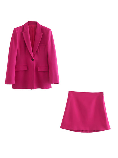 jinran New 2Pcs 2022 Spring Women OL Skirts Blazer Suits Solid Color Single Button Jacket Long Sleeve Notched Coats Outwear