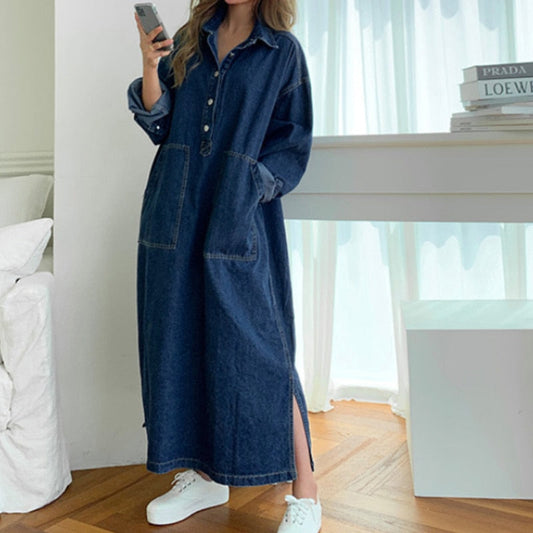 jinran Women&#39;s Spring Autumn Casual Denim Shirt Dress Lady Long Sleeve Midi Jeans Vestidos Female Fashion Loose Outerwear Clothings