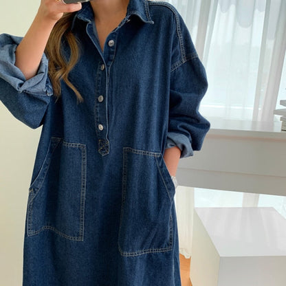 jinran Women&#39;s Spring Autumn Casual Denim Shirt Dress Lady Long Sleeve Midi Jeans Vestidos Female Fashion Loose Outerwear Clothings