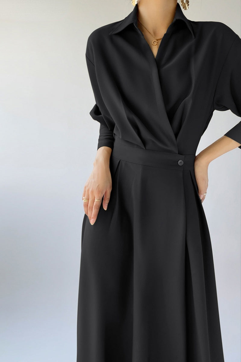 jinran Women Spring Elegant Casual A-Line Midi Shirt Dress Long Sleeve Slim Waist Black Vestidos Female Fashion Outerwear Cloths 2024