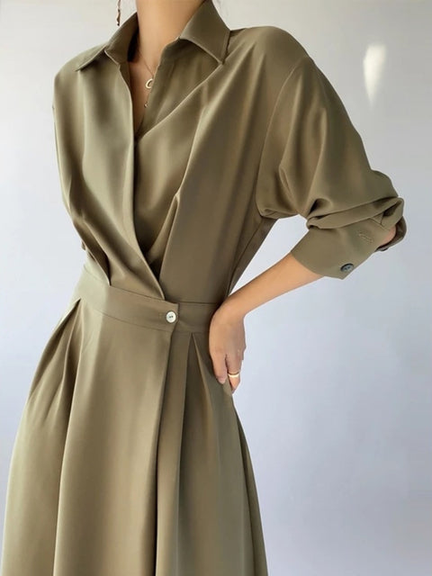 jinran Women Spring Elegant Casual A-Line Midi Shirt Dress Long Sleeve Slim Waist Black Vestidos Female Fashion Outerwear Cloths 2024