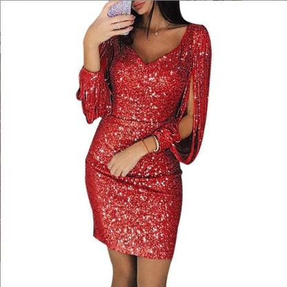 jinran Women Elegant Slim Bodycon Dresses Ladies Sequins Sexy V-Neck Casual Party Dress Stylish Summer Lantern Tassel Sleeve Mini Dress