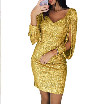 jinran Women Elegant Slim Bodycon Dresses Ladies Sequins Sexy V-Neck Casual Party Dress Stylish Summer Lantern Tassel Sleeve Mini Dress