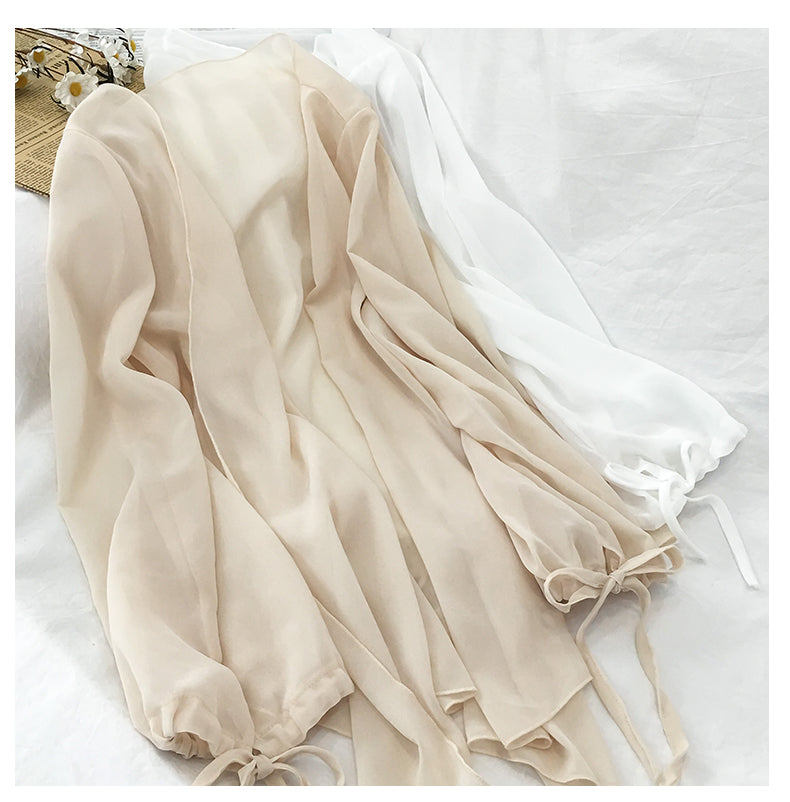 jinran Chiffon Solid Blouses Women Breathable Shirts Thin New Outwear V-neck Elegant Korean Style Trendy Drawstring Bow Female Simple