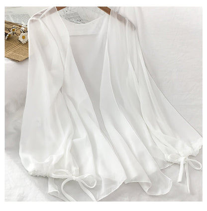 jinran Chiffon Solid Blouses Women Breathable Shirts Thin New Outwear V-neck Elegant Korean Style Trendy Drawstring Bow Female Simple