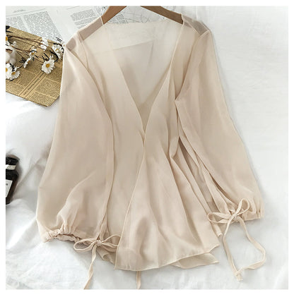 jinran Chiffon Solid Blouses Women Breathable Shirts Thin New Outwear V-neck Elegant Korean Style Trendy Drawstring Bow Female Simple