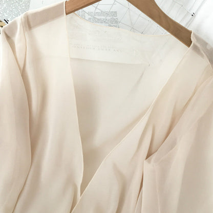 jinran Chiffon Solid Blouses Women Breathable Shirts Thin New Outwear V-neck Elegant Korean Style Trendy Drawstring Bow Female Simple