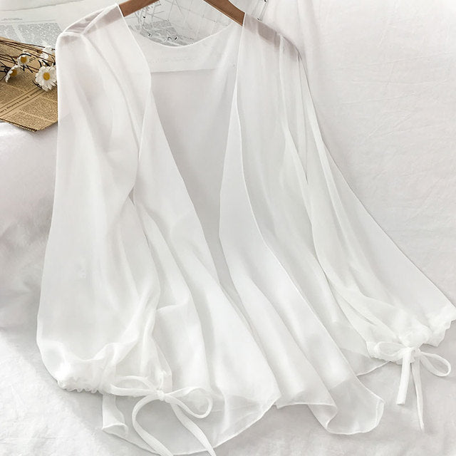 jinran Chiffon Solid Blouses Women Breathable Shirts Thin New Outwear V-neck Elegant Korean Style Trendy Drawstring Bow Female Simple