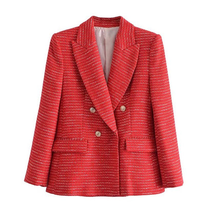 jinran 2022 Women New Casual Tweed Blazer Vintage Office Lady Autumn Jacket Coat double Breasted Outwear Female Chic Tops