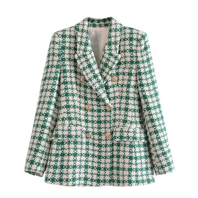 jinran 2022 Women New Casual Tweed Blazer Vintage Office Lady Autumn Jacket Coat double Breasted Outwear Female Chic Tops