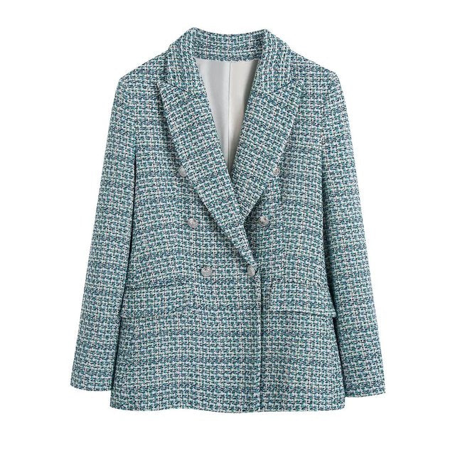 jinran 2022 Women New Casual Tweed Blazer Vintage Office Lady Autumn Jacket Coat double Breasted Outwear Female Chic Tops