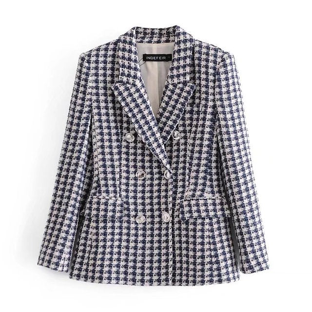 jinran 2022 Women New Casual Tweed Blazer Vintage Office Lady Autumn Jacket Coat double Breasted Outwear Female Chic Tops