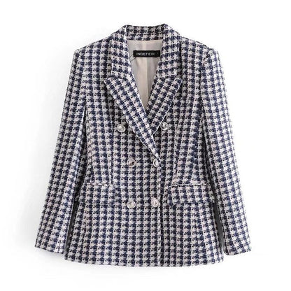 jinran 2022 Women New Casual Tweed Blazer Vintage Office Lady Autumn Jacket Coat double Breasted Outwear Female Chic Tops