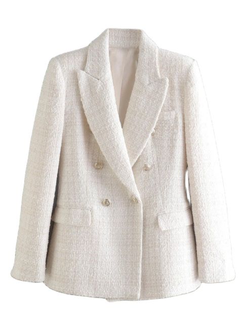 jinran Beige Tweed Women Blazer Jacket 2022 New Office Lady Solid Color Double Breasted Button Up Coat Casual Girls Streetwear