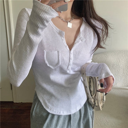 jinran Sexy Hot Knitted T Shirt Women&#39;s Summer Tops Thin Sunscreen V-neck Short Tight White Long Sleeve Top Tshirt N8DA