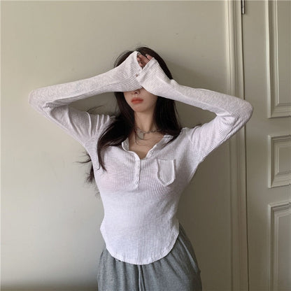 jinran Sexy Hot Knitted T Shirt Women&#39;s Summer Tops Thin Sunscreen V-neck Short Tight White Long Sleeve Top Tshirt N8DA