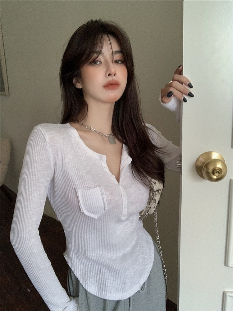 jinran Sexy Hot Knitted T Shirt Women&#39;s Summer Tops Thin Sunscreen V-neck Short Tight White Long Sleeve Top Tshirt N8DA