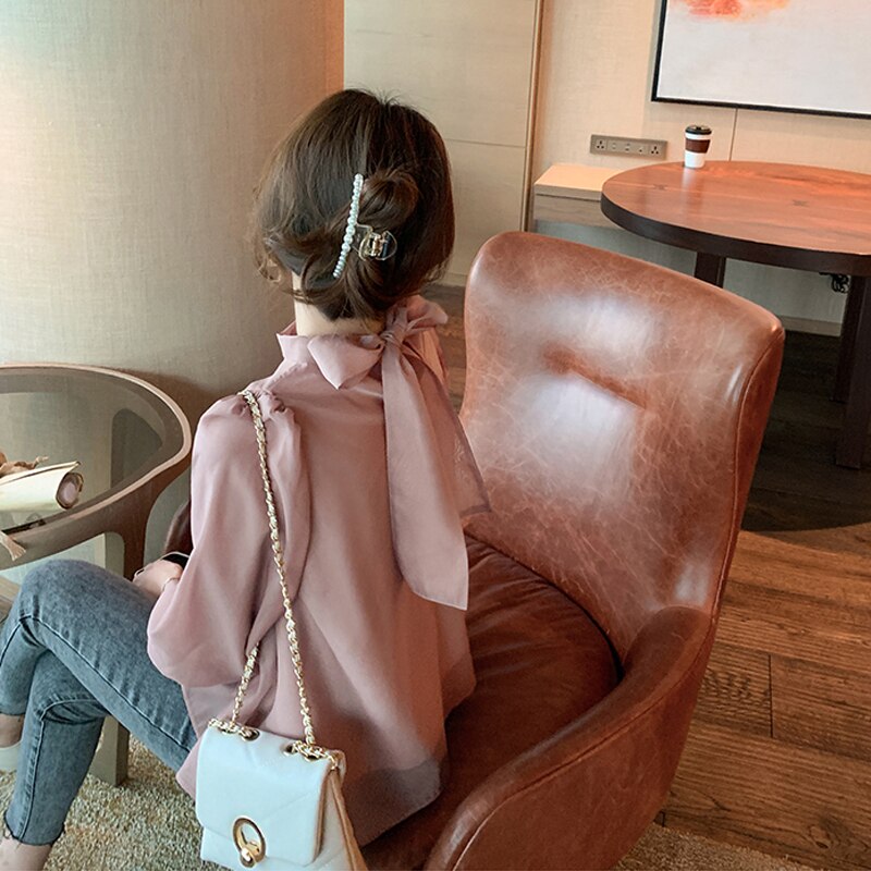 jinran Loose Chiffon Women Blouse Spring/Summer 2022 New Lantern Long Sleeve Bow Shirt Women&#39;s Blusas Mujer Elegant Organza Shirt 152i