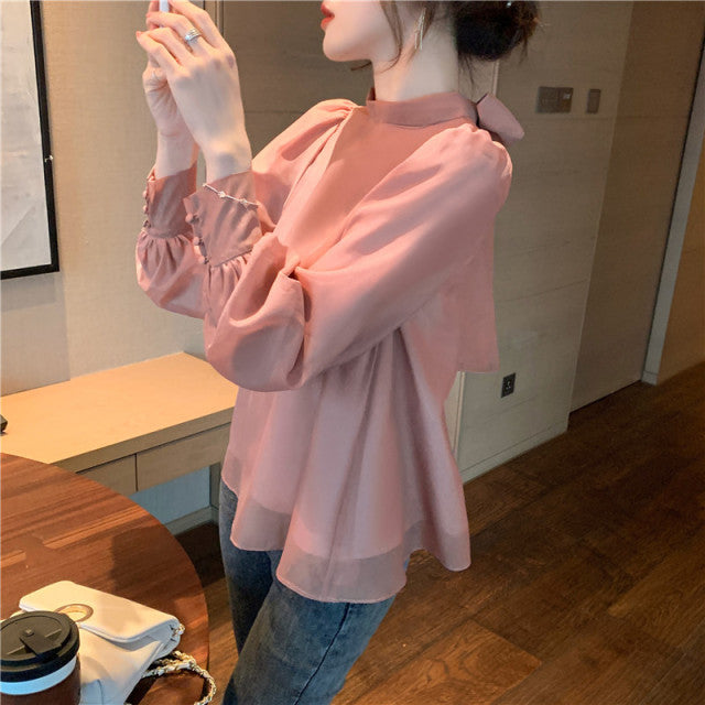 jinran Loose Chiffon Women Blouse Spring/Summer 2022 New Lantern Long Sleeve Bow Shirt Women&#39;s Blusas Mujer Elegant Organza Shirt 152i