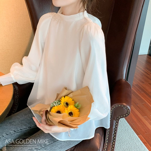 jinran Loose Chiffon Women Blouse Spring/Summer 2022 New Lantern Long Sleeve Bow Shirt Women&#39;s Blusas Mujer Elegant Organza Shirt 152i