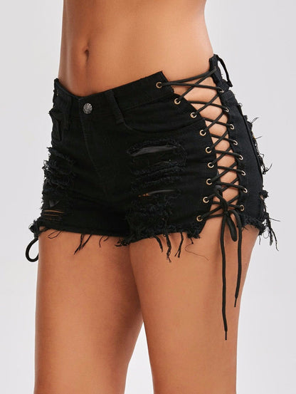 jinran Sexy Summer Women Denim Shorts New Black Blue High Waist Ripped Short Jeans Femme Tassel Lace Up Bandage Hot Pants