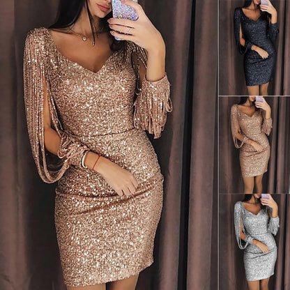 jinran Women Elegant Slim Bodycon Dresses Ladies Sequins Sexy V-Neck Casual Party Dress Stylish Summer Lantern Tassel Sleeve Mini Dress