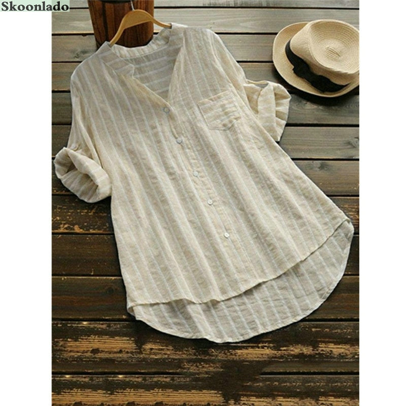 jinran Summer Shirt Women Cotton Linen Tops Long Sleeve Oversize Lady Office Working Linen Blouse Striped Classic Formal Blouses 2022