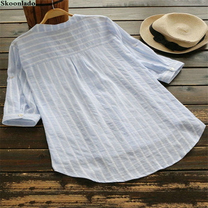 jinran Summer Shirt Women Cotton Linen Tops Long Sleeve Oversize Lady Office Working Linen Blouse Striped Classic Formal Blouses 2022