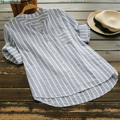 jinran Summer Shirt Women Cotton Linen Tops Long Sleeve Oversize Lady Office Working Linen Blouse Striped Classic Formal Blouses 2022