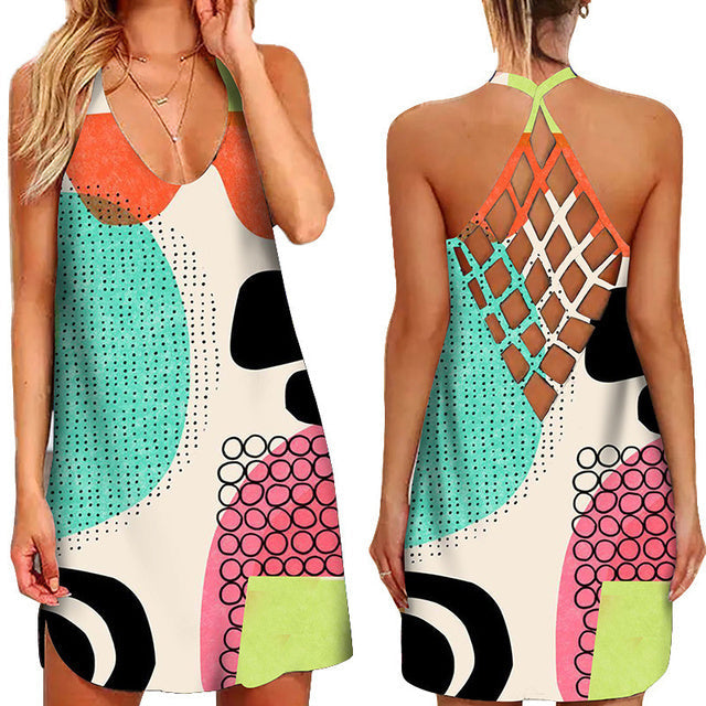 jinran Fun Geometric Graphic Mini Dresses for Women&#39;s Clothing 2022 Summer Casual Loose Sexy Sleeveless O-Neck Beach Sundress Ladies