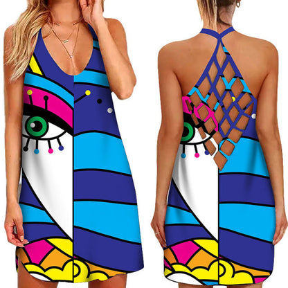 jinran Fun Geometric Graphic Mini Dresses for Women&#39;s Clothing 2022 Summer Casual Loose Sexy Sleeveless O-Neck Beach Sundress Ladies