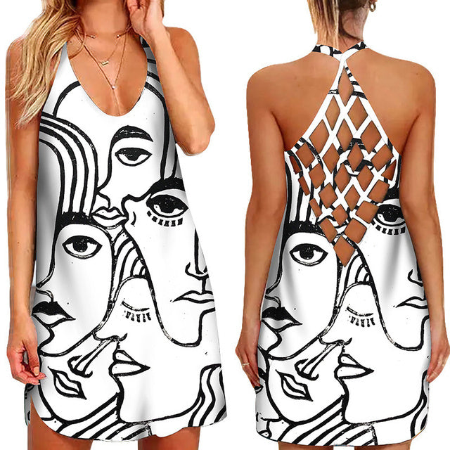 jinran Fun Geometric Graphic Mini Dresses for Women&#39;s Clothing 2022 Summer Casual Loose Sexy Sleeveless O-Neck Beach Sundress Ladies