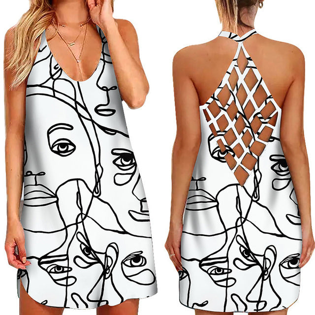 jinran Fun Geometric Graphic Mini Dresses for Women&#39;s Clothing 2022 Summer Casual Loose Sexy Sleeveless O-Neck Beach Sundress Ladies