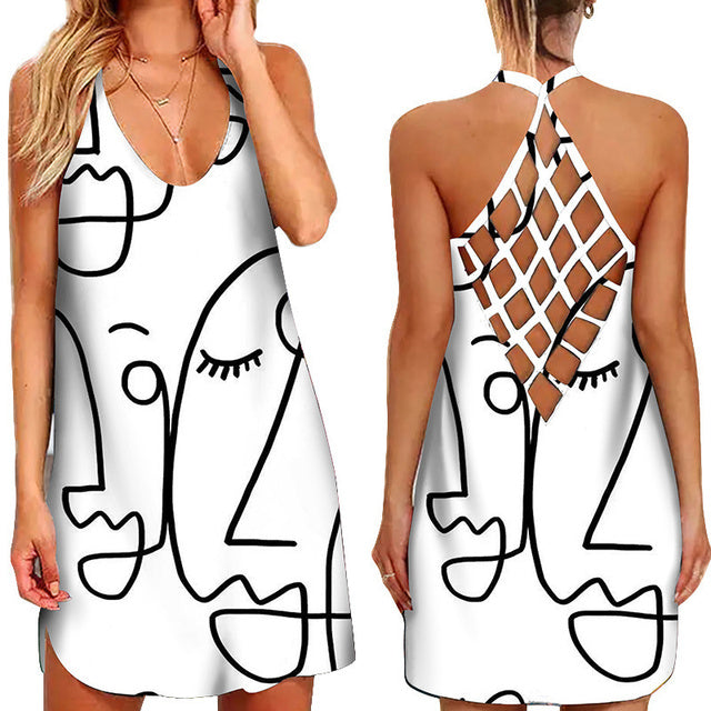 jinran Fun Geometric Graphic Mini Dresses for Women&#39;s Clothing 2022 Summer Casual Loose Sexy Sleeveless O-Neck Beach Sundress Ladies