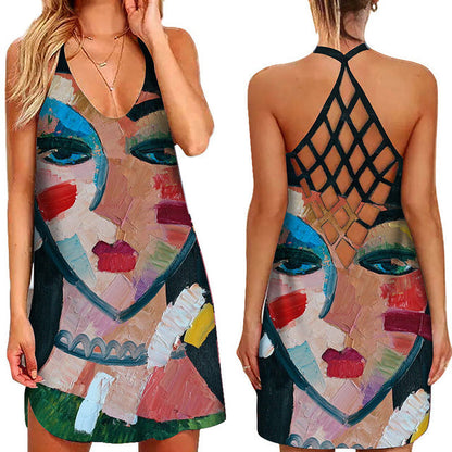 jinran Fun Geometric Graphic Mini Dresses for Women&#39;s Clothing 2022 Summer Casual Loose Sexy Sleeveless O-Neck Beach Sundress Ladies