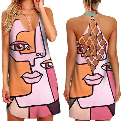 jinran Fun Geometric Graphic Mini Dresses for Women&#39;s Clothing 2022 Summer Casual Loose Sexy Sleeveless O-Neck Beach Sundress Ladies