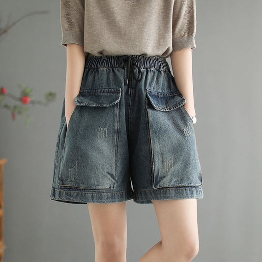 jinran Women&#39;s Denim Shorts Big Pocket Oversize Vintage Wide Leg Short Pants Woman Summer Casual Elastic Waist Jeans Shorts 2022