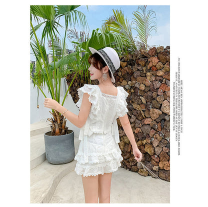 jinran 2022 Summer Sexy Hollow Out Embroidery Lace Set Women&#39;s Suits Ruffles Short Sleeve Tops + White Mini Short Skirts 2 Piece Sets