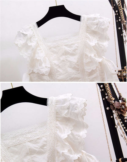 jinran 2022 Summer Sexy Hollow Out Embroidery Lace Set Women&#39;s Suits Ruffles Short Sleeve Tops + White Mini Short Skirts 2 Piece Sets