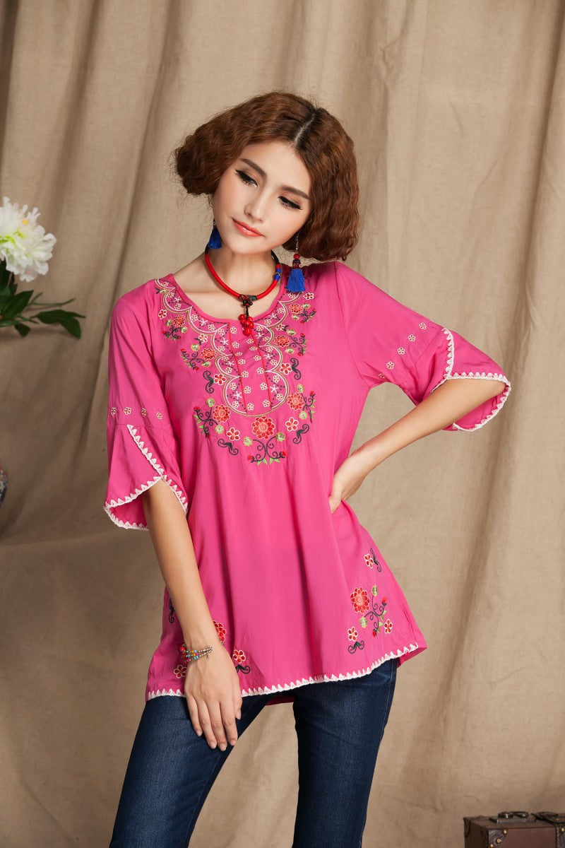 jinran 2022 Vintage 70s Mexican Floral Embroidery Boho Women Hippie Blouse Women Tunic Soft Cotton Summer Shirts Tops Blusa Mujer