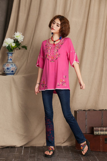 jinran 2022 Vintage 70s Mexican Floral Embroidery Boho Women Hippie Blouse Women Tunic Soft Cotton Summer Shirts Tops Blusa Mujer