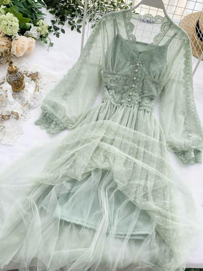 jinran Spring Women Mesh Lace Crochet Dresses V-neck Elegant Prom Puff Sleeves Dress Summer Dot Prom Party Sexy Slim Swing Long Dress