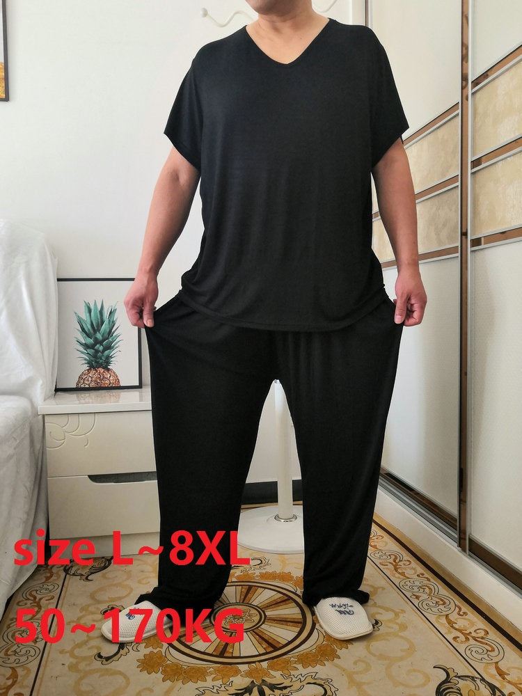 jinran Summer Plus Size 8XL 170KG Men Pajamas Sets Modal Home Wear Set Soft Casual Sleep Wear Short Sleeve Top and Long Pants