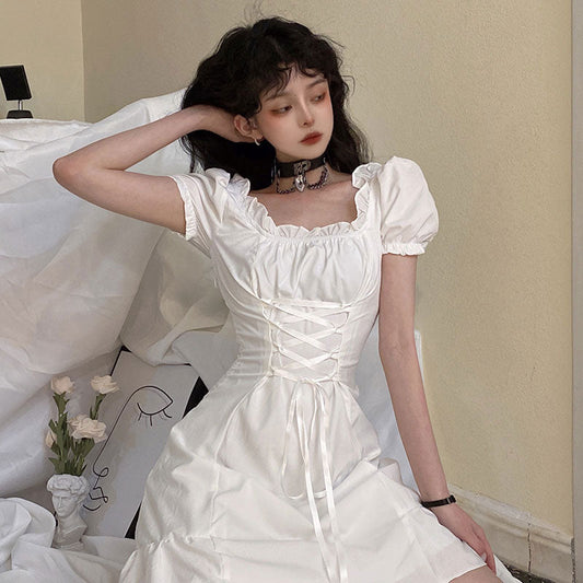 jinran Women&#39;s Dress White Gothic Dress Harajuku Ghost Horse Dresses Vintage Square Collar Bandage Puff Sleeve Dresses For Women 2022