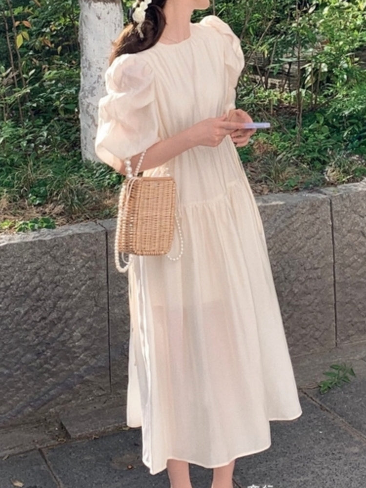 jinran Women&#39;s Summer Elegant Puffer Sleeve Party Midi Dress Lady Casual Pleated Black Vestidos Femme Fashion Outerwear Clothes 2022